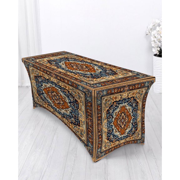 Vintage Floral Spandex Tablecloth 4ft Brown Orange Classical Bohemian Farmhouse Elastic Fitted Cloth for Rectangle Table Washable Wrinkle Proof Stretch Table Cover for Wedding Party Birthday Banquet