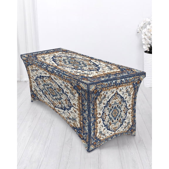 Vintage Floral Spandex Tablecloth 4ft Navy Brown Classical Bohemian Style Elastic Fitted Cloth for Rectangle Table Washable Wrinkle Proof Stretch Table Cover for Wedding Party Birthday Banquet