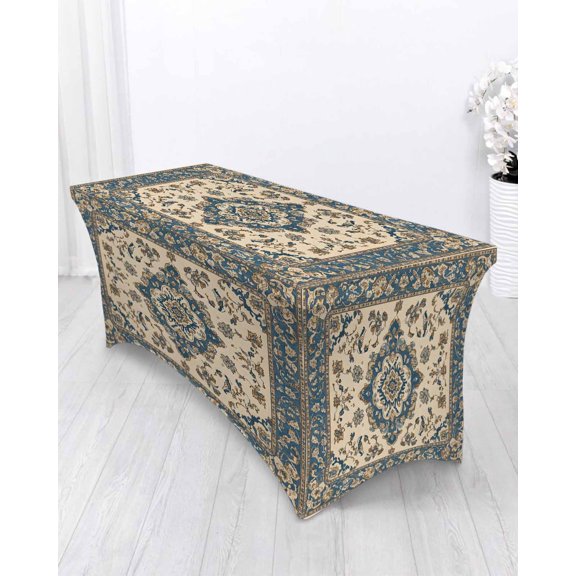 Vintage Floral Spandex Tablecloth 4ft Retro Blue Classical Bohemian Farmhouse Elastic Fitted Cloth for Rectangle Table Washable Wrinkle Proof Stretch Table Cover for Wedding Party Birthday Banquet