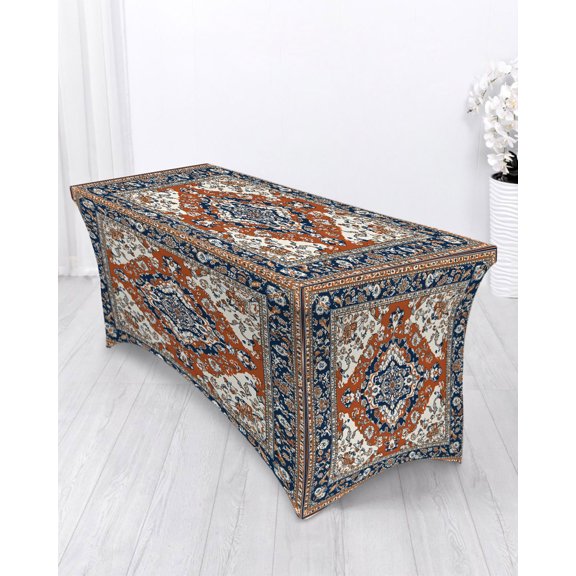 Vintage Floral Spandex Tablecloth 4ft Retro Navy Classical Bohemian Farmhouse Elastic Fitted Cloth for Rectangle Table Washable Wrinkle Proof Stretch Table Cover for Wedding Party Birthday Banquet