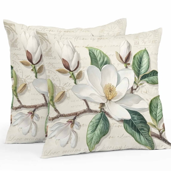 Vintage Floral Spring Throw Pillow Covers 20x20 Inch Set of 2, Rustic Botanical White Flowers Waterproof Outdoor Pillow Covers, Decorative Cushion Pillowcases for Couch, Sofa, Bed, Garden, Patio