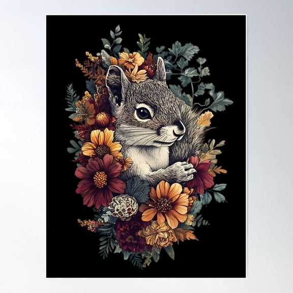 Vintage Floral Squirrel Poster Wall Art, Modern Wall Decor For Living Room Bedroom, 8x12 UNFRAMED