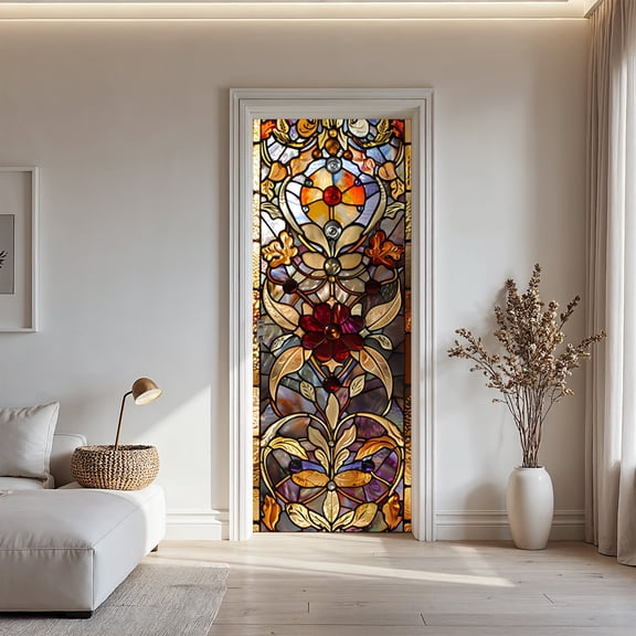 Vintage Floral Stained Glass Door Sticker Self-Adhesive PVC Colorful Art Nouveau Style Decal for Bathroom Bedroom and Wall Decor Peel and Stick No Tools Needed