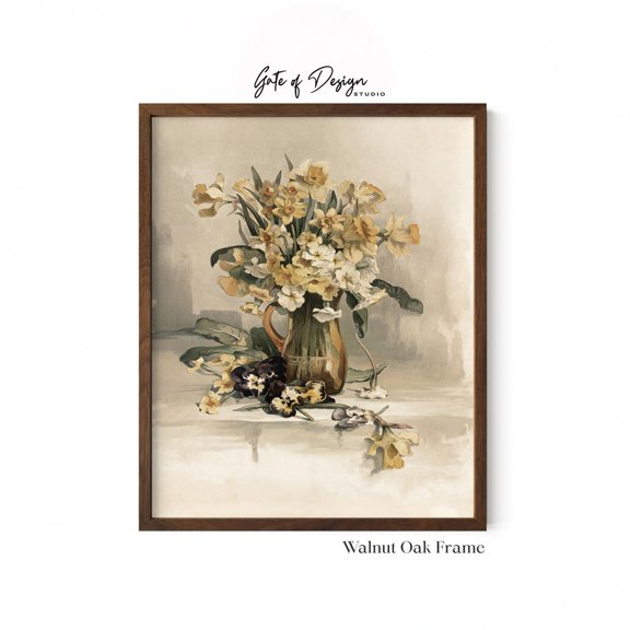 Vintage Floral Still Life Neutral Yellow Flowers Rustic Farmhouse Mothers Wall Art, Kitchen And Gallery Wall Decor