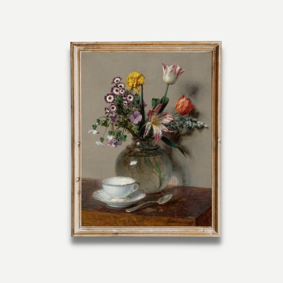 Vintage Floral Still Life Poster Coffee Cup & Flowers Home Decor, 12x18 UNFRAMED