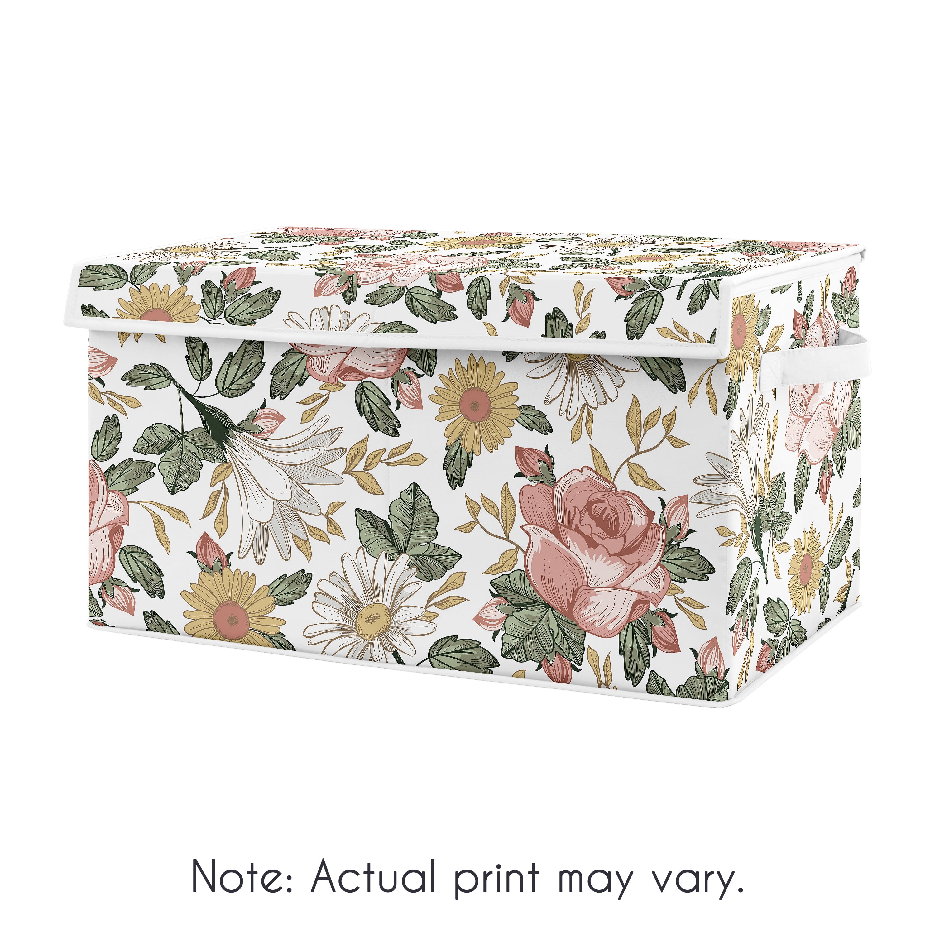 Blush Pink and Green Floral Fabric Toy Bin with Lid