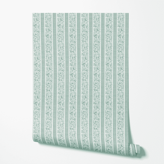 Vintage Floral Stripes on Mint Green Peel and Stick Wallpaper - Sample