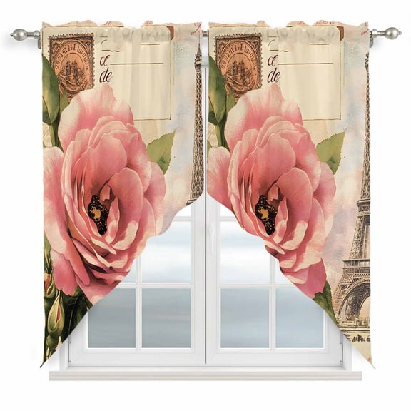 Vintage Floral Swag Curtains Retro Letter Tower Swag Valances for Kitchen Windows, Window Treatment Topper Curtains for Living Room Bedroom Bathroom, 28" W x 36" L