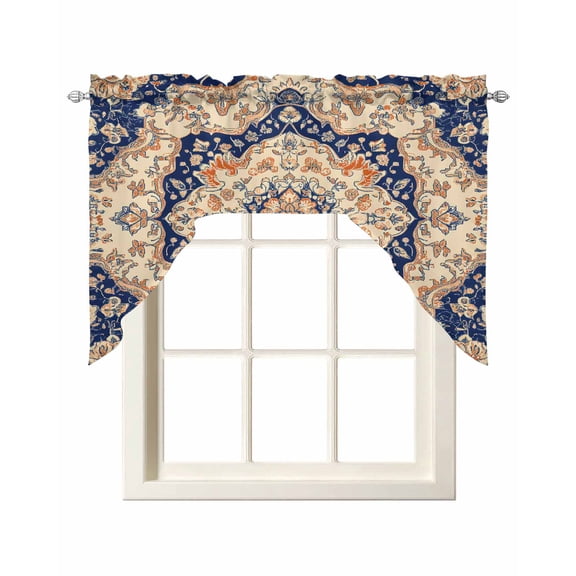 Vintage Floral Swag Valance and Tier Curtains Set Navy Orange Classical Bohemian Style Kitchen Curtains 3 Piece Set Rod Pocket Panels for Bedroom Cafe 56x36 inch