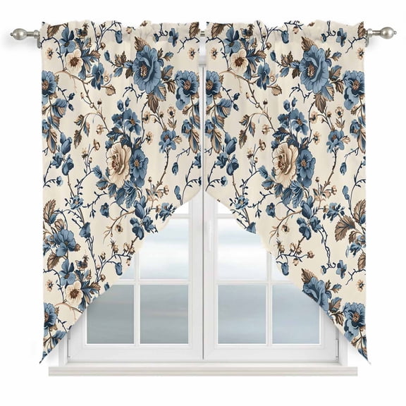 Vintage Floral Swag Valances for Windows 2 Pack Beige Blue Brown Flowers Rustic Farmhouse Swag Kitchen Curtains 36 Inches Long Rod Pocket Short Window Treatment for Kitchen Bathroom 28"x36"