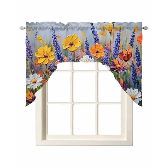 Vintage Floral Swag Valances for Windows, Small Curtains Drapes, Spring Oil Painting Abstract Botanical Kitchen Window Curtains Over Sink Window Treatment Valance for Bedroom/Bathroom 56"x36"