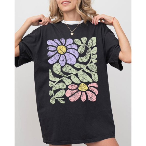 Vintage Floral T-Shirt, Boho Flower Graphic Tee, Abstract Floral Tops for Women, Colorful Summer Nature Festival Gardening Tee,Fashion,cotton,black,S-5XL