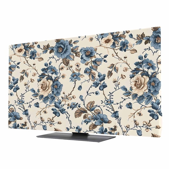 Vintage Floral TV Dust Cover 24 Inch, Beige Blue Brown Flowers Rustic Farmhouse Computer Monitor Cover Dustproof Stretchable Indoor TV Screen Protector for LED LCD Universal Monitors