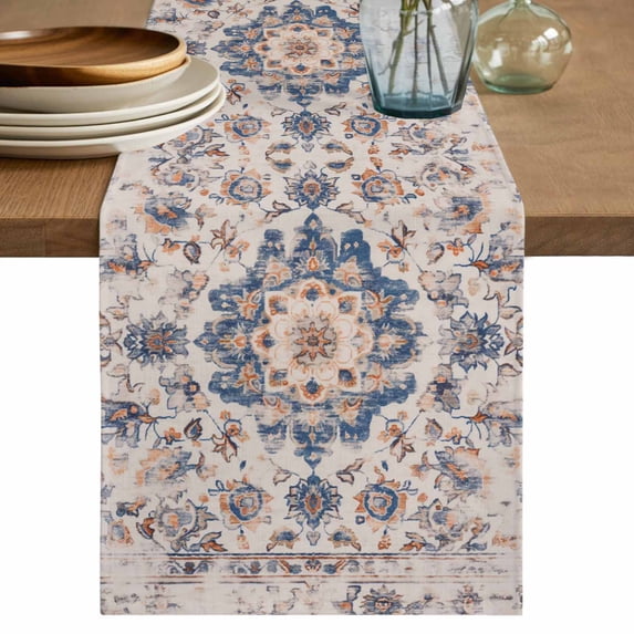 Vintage Floral Table Runner, Boho Tribal Style Flowers Cotton Linen Kitchen Table Decoration Washable Dining Tabletop Runners for Home Party Decor 13x36 Inches