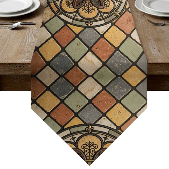 Vintage Floral Table Runner Linen Burlap Table Runner 36 Inches Small Farmhous Chic Ethnic Abstract Geometric Dresser Scarves for Kitchen Island Coffee Dining Room Party Holiday Decoration 13"x36"
