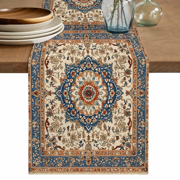 Vintage Floral Table Runner, Navy Brown Classical Ethnic Bohemian Cotton Linen Kitchen Table Decoration Washable Dining Tabletop Runners for Home Party Decor 13x108 Inches