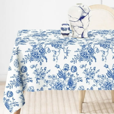 Vintage Floral Tablecloth Rectangle Blue Flower Fabric Table Cloth Washable Flower Table Cover for Picnic Dinner Table Decoration, 60 x 102 Inch, Blue, White