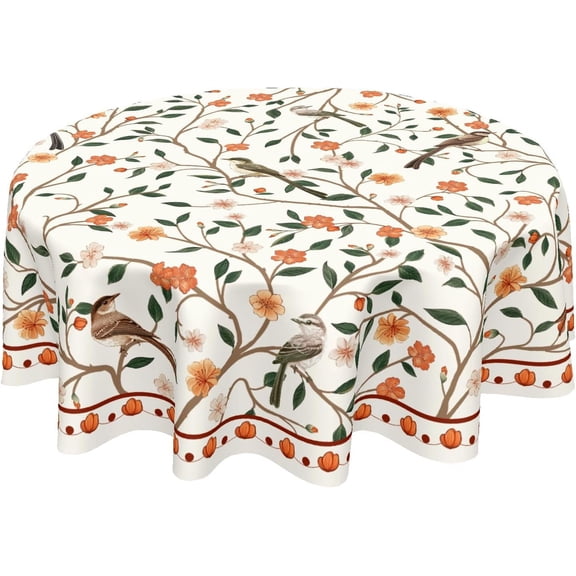 Vintage Floral Tablecloth Round 60 Inch Spring Summer Yellow and Green Flowers and Leaves Table Cloth Farmhouse Bird Table Cover for Kitchen Dinner Room Holiday Party Indoor Outdoor Home Decor