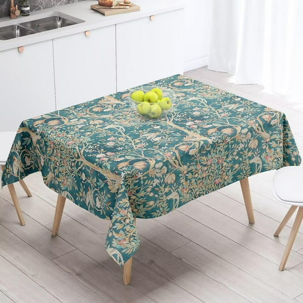 Vintage Floral Tablecloth Teal William Morris Original Design Table Cloth for Rectangle Tables Wipeable Polyester Fabric Table Cover Kitchen Dinning Decorations Washable, 55"x55"