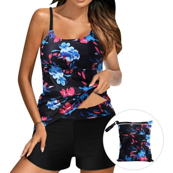 Vintage Floral Tankini Bathing Suits for Women Beach High Waist 2 Piece Modest Swimsuits with 13.7*12.2 Swim Bag Black, L
