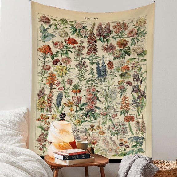 Vintage Floral Tapestry, Retro Botanical Wall Hanging, 36x48 Inch Portrait, Artistic Bedroom Dorm Decor