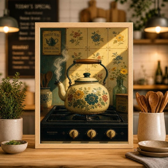 Vintage Floral Tea Kettle Poster, Cottagecore Kitchen Wall Art, Unframed Paper Poster 8x10in