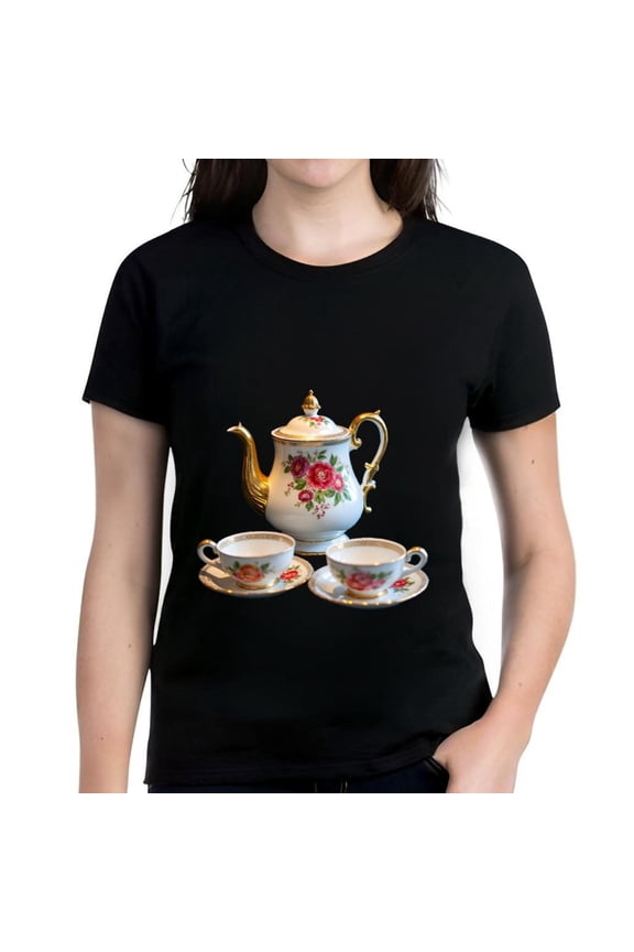 Vintage Floral Teapot Design Cotton Short Sleeve T-Shirt for Women - Elegant Black Tee with Gold Accents and Teacup Print