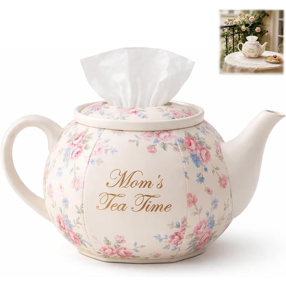 Vintage Floral Teapot Tissue Box Cover, Decorative Fabric Tissue Holder for Bathroom Kitchen Living Room, Farmhouse Shabby Chic Cottagecore Decor Unique Gift for Mom & Tea Lovers (1PC)