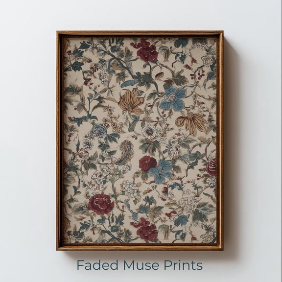 Vintage Floral Textile Wall Art Print, Cottagecore Botanical Pattern Decor