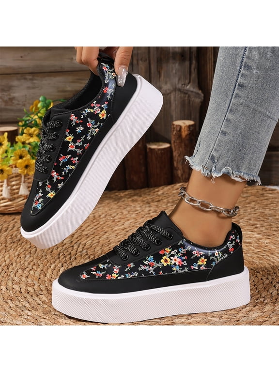 Vintage Floral Thick Platform White Sneakers For Women, Lace Up Casual Skate Shoes, Spring Daily Walking Footwear Black 37