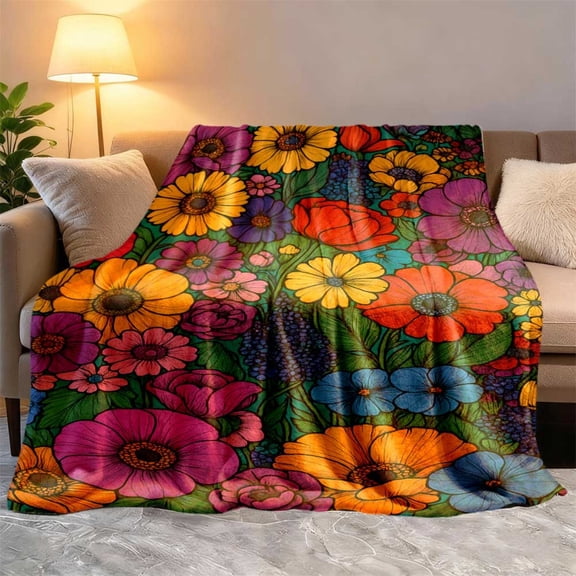 Vintage Floral Throw Blanket - Soft Flannel All-Season Couch Bedspread with Multicolor Flowers, Retro Home Decor Gift for Living Room Dorm