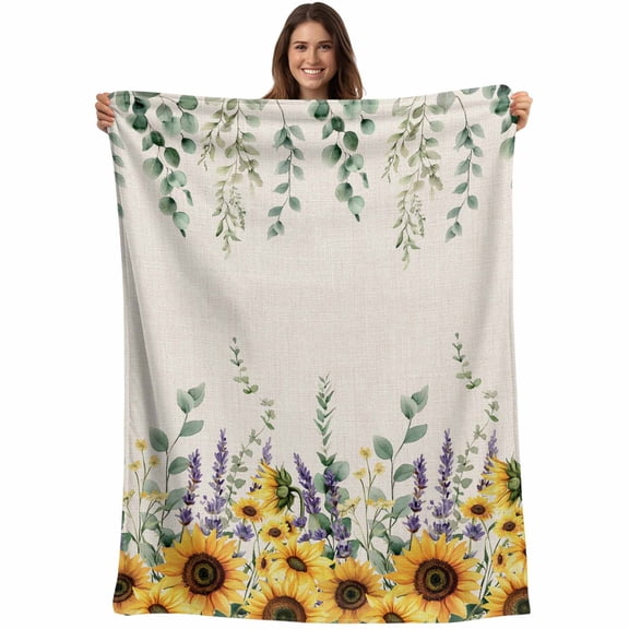 Vintage Floral Throw Blankets, Sunflower Lavender Eucalyptus Leaf Soft Fleece Blanket Decorative for Home Sofa Couch Chair Living Bedroom, 30x40 Inches, Green Gold