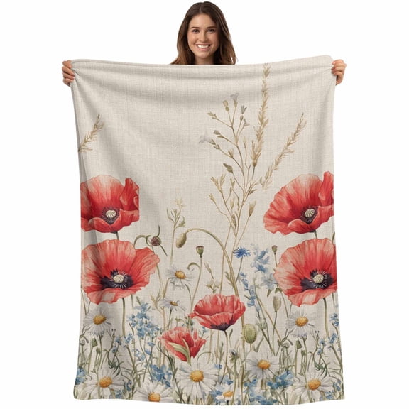 Vintage Floral Throw Blankets, Wildflower Daisy Soft Fleece Blanket Decorative for Home Sofa Couch Chair Living Bedroom, 50x60 inches, Red Blue Beige