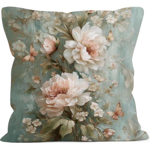 Vintage Floral Throw Pillow Cover Gifts 18x18, Cottagecore Cottage Core Botanical Flower Decor Pillow Cases for Bedroom Living Room, Elegant Peony Pink Rose Pillowcases for Couch Bed Sofa