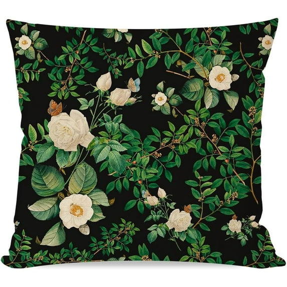 Vintage Floral Throw Pillow Covers 18x18 Inch Flower Butterfly Green Botanical Plant Leaves Farmhouse Black Spring Summer Outdoor Decorations Decorative Throw Pillows Cases for Couch Decor