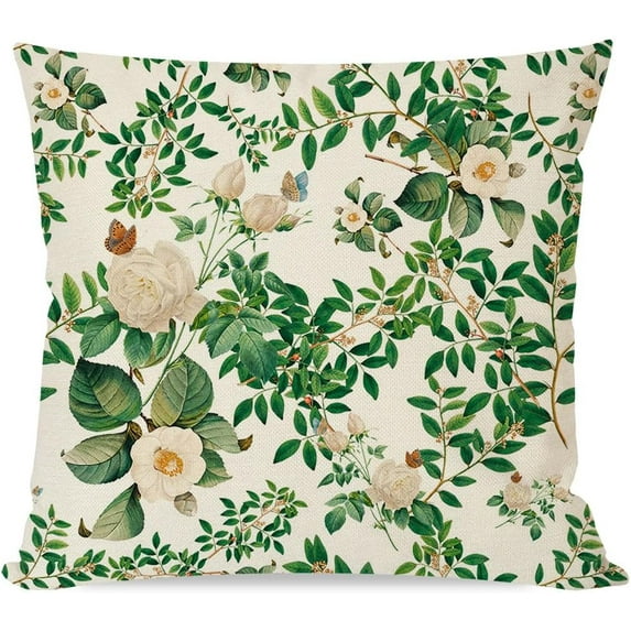 Vintage Floral Throw Pillow Covers 18x18 Inch Flower Butterfly Green Botanical Plant Leaves Farmhouse Spring Outdoor Decorations Decorative Throw Pillows Cases for Home Couch Decor