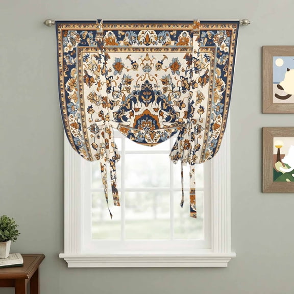 Vintage Floral Tie Up Curtain 63 Inches Long, Brown Blue Classical Bohemian Farmhouse Balloon Style Kitchen Window Curtain Over Sink, Small Window Rod Pocket Curtain 52"x63"