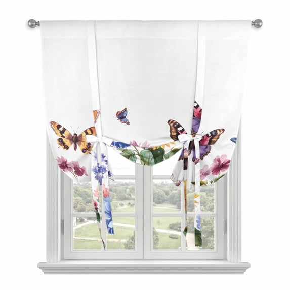Vintage Floral Tie Up Curtain 63 Inches Long, Pastoral Sunflower Daisy Plants Butterfly Balloon Style Kitchen Window Curtain Over Sink, Small Window Rod Pocket Curtain 42"x63"