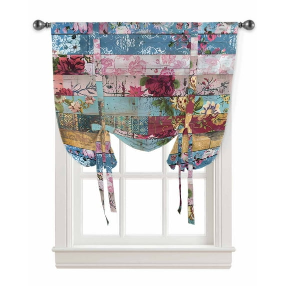 Vintage Floral Tie Up Curtains for Window, Farmhouse Botanical Flowers Thermal Insulted Balloon Shade Adjustable Rod Pocket Curtains Valance Panels for Kitchen Bathroom Café 42 x 63