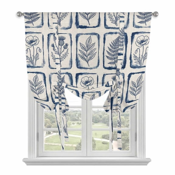Vintage Floral Tie Up Curtains for Windows, Adjustable Balloon Window Shades, Country Tie-dye Flowers Plants Blue Beige Kitchen Window Treatments Farmhouse Short Curtains with Rod Pocket 42"x45"