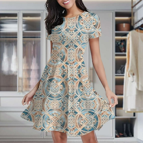 Vintage Floral Tile Pattern Women's Classic Swing Skater Dress Casual Work Party Cocktail Dresses