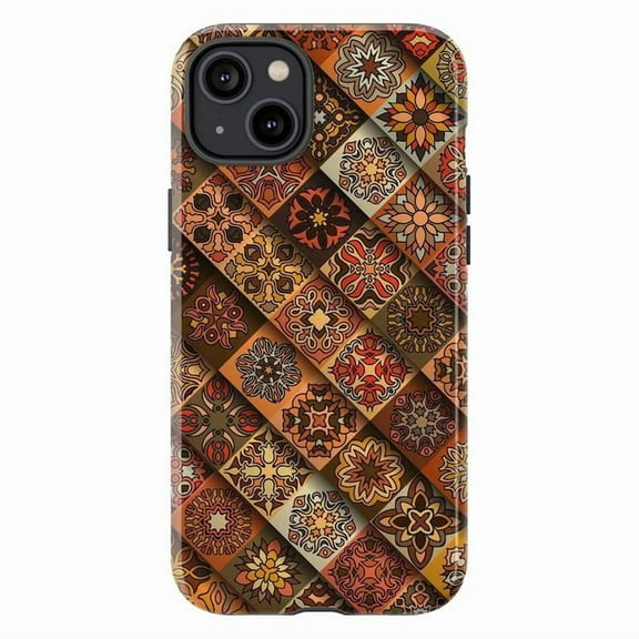Vintage Floral Tile Phone Case, Boho Mandala Pattern Protective Cover in Warm Earth Tones for iPhone 16 15 14 13 12 11 Pro Max Mini Plus