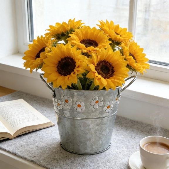 Vintage Floral Tin Flower Bucket Vase Silver 4.7in • Double Ear Iron Watering Can Style • Easter Desktop Mini Garden Planter • Fresh Flower Arrangement Pot