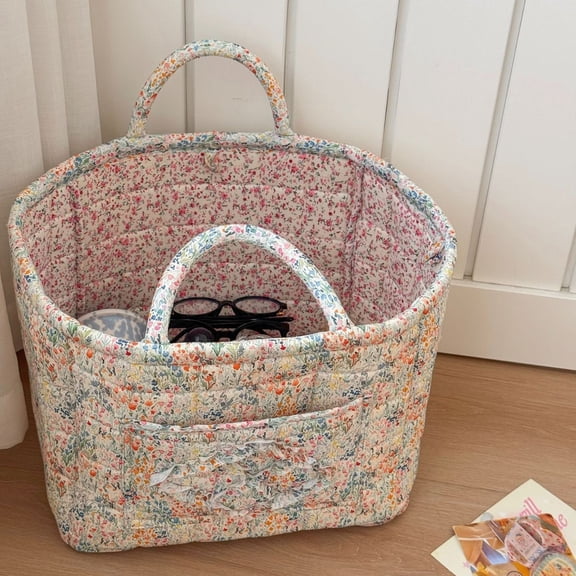 Vintage Floral Toile Quilted Storage Basket with Handles, Large Fabric Organizer Bag with Checkered Lining and Decorative Storage Bin for Nursery and Bedroom