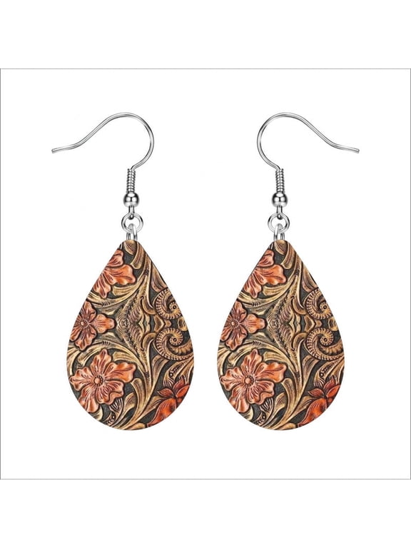 Vintage Floral Tooled Leather Teardrop Dangle Earrings for Women Western Boho Lightweight Drop Earrings Rustic Embossed Flower Jewelry