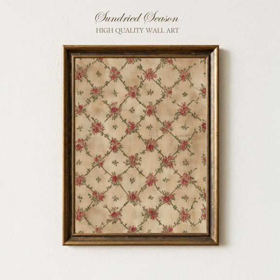 Vintage Floral Trellis Red Rose Vine Pattern Shabby Chic Cottagecore, Unframed Canvas 8x10in