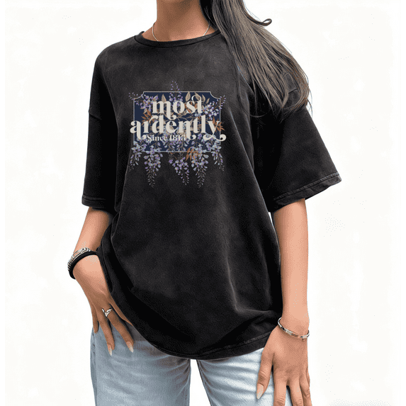 Vintage Floral Typography Print Tshirt Graphic Tees Black Shirts Water Washed S-2XL Tops