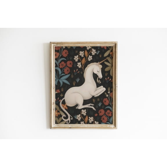 Vintage Floral Unicorn Illustration Dark Aesthetic Unicorn Wall Art Decor