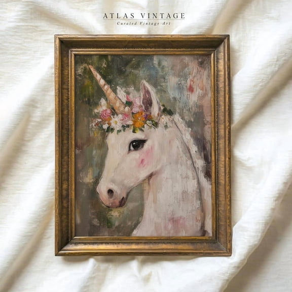 Vintage Floral Unicorn Print, Whimsical Pastel Nursery Art Decor Size 24x36 Unframed Poster