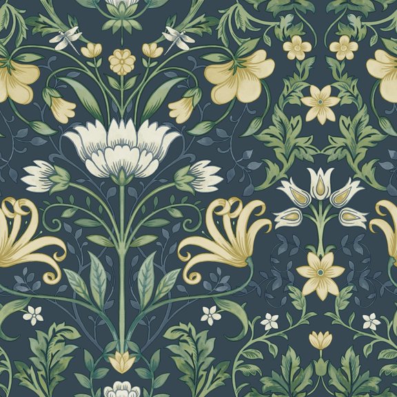 Vintage Floral Unpasted Wallpaper  396in x 20.8in Navy Blue